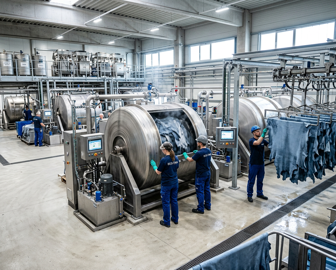 Ökologische Ledergerbung in einer modernen Fabrik mit Fokus auf Umweltschutz und höchste Qualität der Tierhäute.