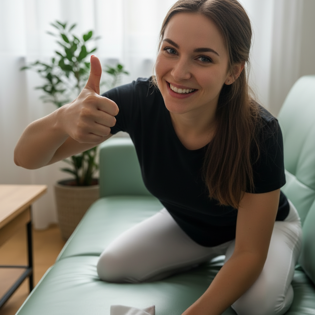 Lederimitat Nachher – Strahlende Sauberkeit auf modernen Kunstleder-Möbeln. Porentief gereinigtes und gegen Verfärbungen geschütztes Lederimitat nach der Anwendung der SEDICUR Spezialpflege.