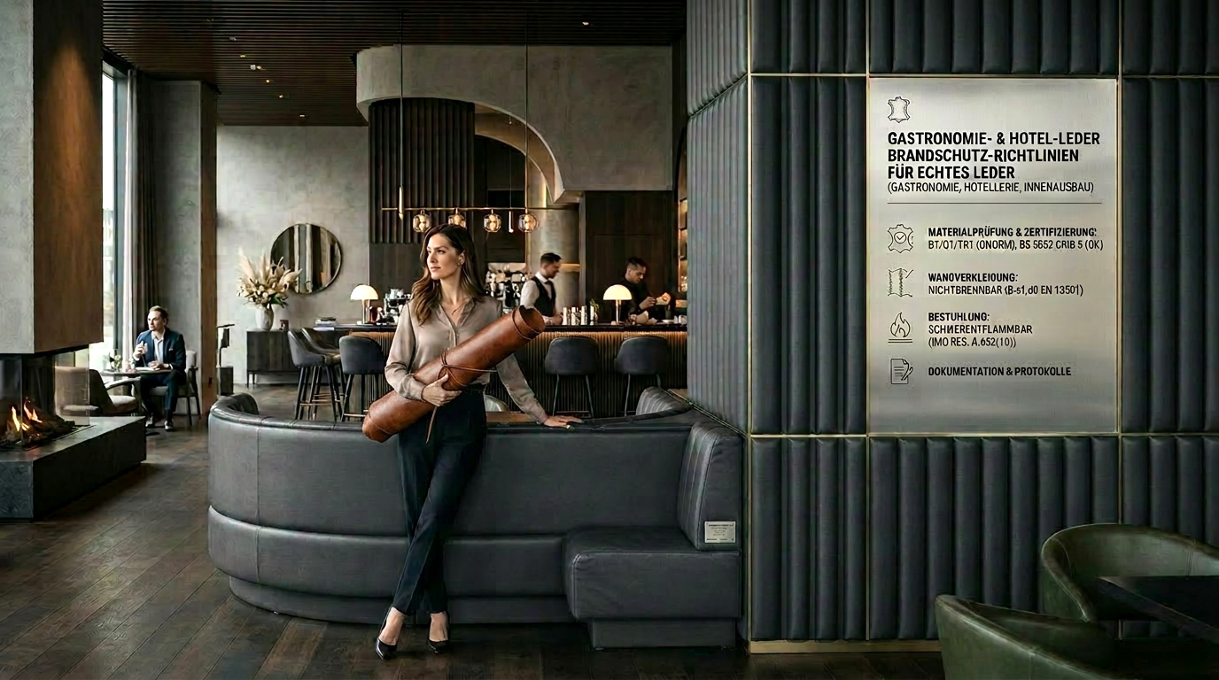 Luxurioese Restaurant Lounge mit zertifizierten Wandverkleidungen aus Leder gemaess OENORM B 3825 Brandschutz